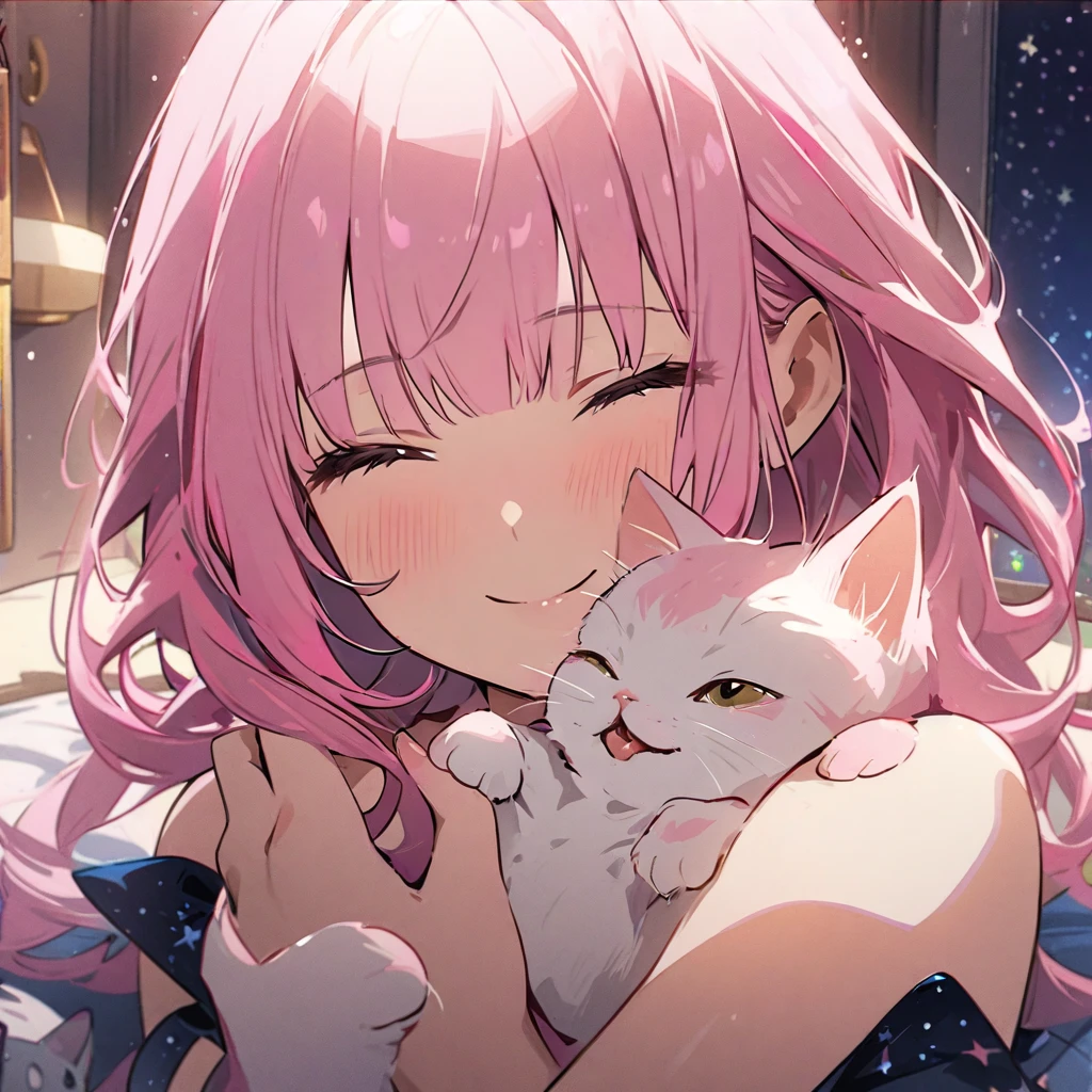 masterpiece、Highest quality、Depth of subject、2D illustration、1 beautiful girl、独奏, (((chibi style)))、cute chibi, lovely chibi, ((night)), ((window)), ((starry sky)), Long, beautiful hair、Shiny pink hair、cute、Beautifully detailed eyes、((mini skirt))、((colorful))、Camisole dress、((happy smile))、((closed eyes)), sitting on bed, ((close up shot))、((Holding a kitten)), ((in the room))、((There's a lot of pink around))、((bed))、Thighs、((vivid color))、sparkle、((Lens flare))、