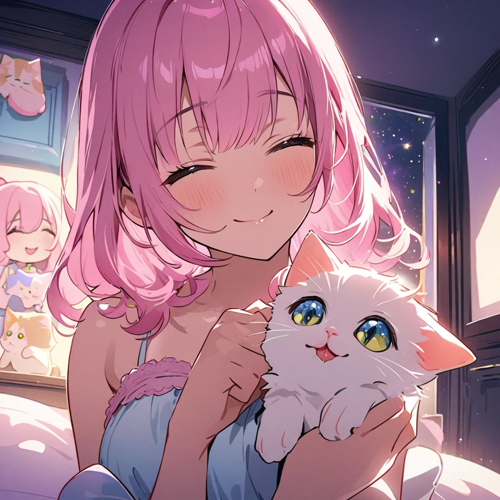 masterpiece、Highest quality、Depth of subject、2D illustration、1 beautiful girl、独奏, (((chibi style)))、cute chibi, lovely chibi, ((night)), ((window)), ((starry sky)), Long, beautiful hair、Shiny pink hair、cute、Beautifully detailed eyes、((mini skirt))、((colorful))、Camisole dress、((happy smile))、((closed eyes)), sitting on bed, ((close up shot))、((Holding a kitten)), ((in the room))、((There's a lot of pink around))、((bed))、Thighs、((vivid color))、sparkle、((Lens flare))、