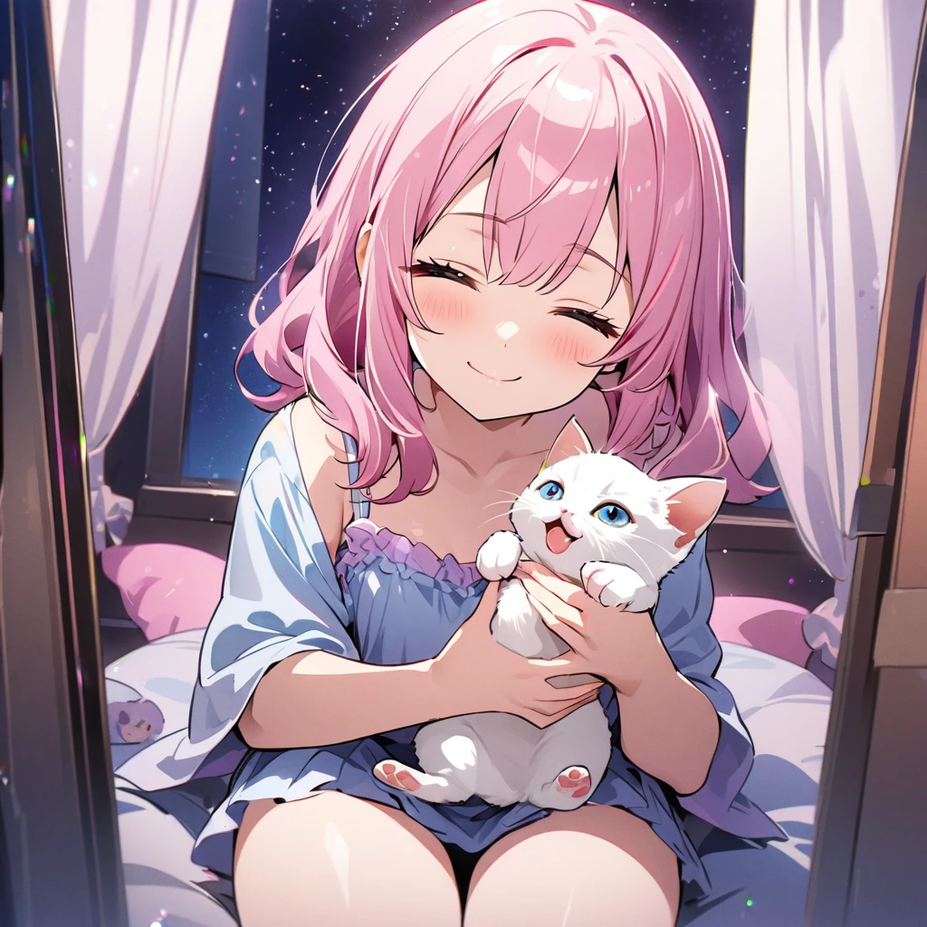 masterpiece、Highest quality、Depth of subject、2D illustration、1 beautiful girl、独奏, (((chibi style)))、cute chibi, lovely chibi, ((night)), ((window)), ((starry sky)), Long, beautiful hair、Shiny pink hair、cute、Beautifully detailed eyes、((mini skirt))、((colorful))、Camisole dress、((happy smile))、((closed eyes)), sitting on bed, ((close up shot))、((Holding a kitten)), ((in the room))、((There's a lot of pink around))、((bed))、Thighs、((vivid color))、sparkle、((Lens flare))、