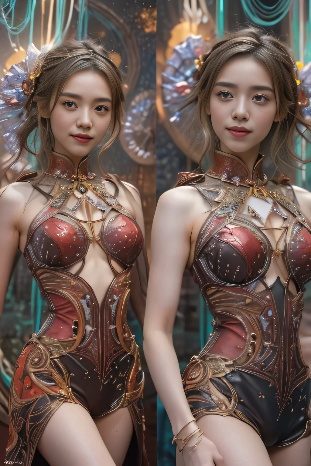 (Two beautiful Italian age girls:1.6), Close friends, (they are hugging:1.2), Kiss their cheek or chest,(Detailed iridescent bodysuit with beautiful fractal or marble design:1.5), Incredible and spectacular scenes., ((high quality)), ((Detailed)), ((Fancy)), Blue plasma brain, Green plasma body, showing her armpits, Beautiful chest, obscenity, (lascivious smile:1.2), Thick, Obscene, (immoral:1.2), Laquis, (small breasts with beautiful raised pink areolas,,,:1.5), (Camel toe), (Expression of ecstasy:1.2), photorealistic, official art, 8K wall unit , 8K portrait, Best Quality, very high resolution, (Incredibly beautiful nature background:1.6), (18 years:1.5), (Sexy and glamorous:1.1), (a flirtatious expression:1.6), (smiling seductively:1.6), (Erotic Posing:1.9), (model posing:1.8), Beautiful seductive face, portrait, (thick eyebrows:1.4), (big scarlet eyes:1.6), Beautiful eyes with fine symmetry., (Ojos ultra Detaileds:1.4),(Cara y ojos muy Detaileds.:1.7), (High resolution red eyes:1.8), intimate face, (ultra detailed skin texture:1.4), White skin, pale skin, perfect anatomy, Delgado, (Beautiful toned body:1.5), Cabello muy Detailed, (Wet skin:1.2), without makeup, (dark circles:1.1), good anatomy, focus face, good looking, (Emilia Clarke:0.6) (emma watson:0.3),(Jennifer Connelly:0.4), Elegant face, Beautiful, (A delicately crafted necklace wraps around your neck....), (Bioluminescence with brilliant glow.:1.4), (Luminous magic circle:1.5), Ruins of an ancient castle, Brilliant majestic masses of clouds and sky, ray, realistic epic, (Greg Rutkowski:0.8), (teal and orange:0.4), (art station:1.5), cinematographic, (nsfw:1.2), Hyper Detailed, dramatic light, (intricate details:1.1), beautiful black hair, (Wearing a glove with a dense and very beautiful design decorated with jewels.:1.1), , Galaxy, (nebulae:1.6), The dark knight, Body focus