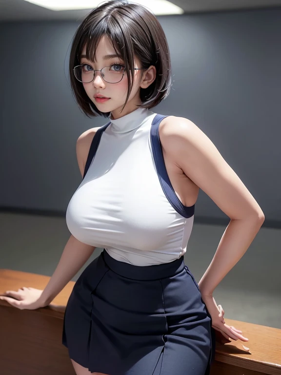 Looking into the camera,28 years old,1 female,(((Standing with your hands on the desk and leaning forward)))(She is wearing a navy blue tight skirt.......),(He is wearing a tight fitting white sleeveless shirt.)(female teacher),(The person is arching their back and raising their upper body.)(Accentuate your butt),(Very large breasts),(Big Breasts)(Accentuate your cleavage)(Moderately voluptuous body)(Black short bob hair),(Best image quality, (8K), Ultra-realistic, 最high quality, high quality, High resolution, high qualityの質感, Attention to detail, Beautiful details, Fine details, Extremely detailed CG, Detailed Texture, Realistic facial expressions, masterpiece,(Wearing glasses:1.1)　(((raising her upper body)))(((Accentuate the curves from your waist to your hips)))(((Photograph the whole body)))(((Observe the rear view)))