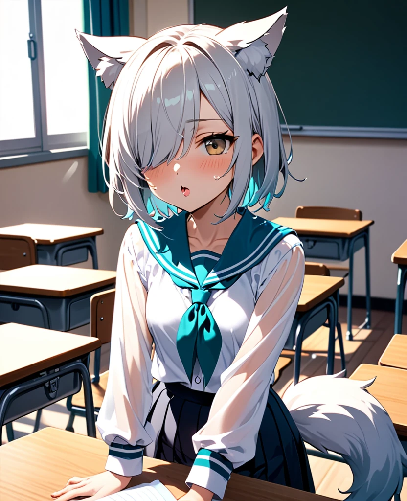 Silver Hair、Wolf ears、tail、Cool、Short Hair、boyish、Hair covering one eye、Small breasts、Licking a dick、Blowjob、Semen is splashed on my face、Expressionless、classroom、high school student、裸、ちんぽを手で扱いている