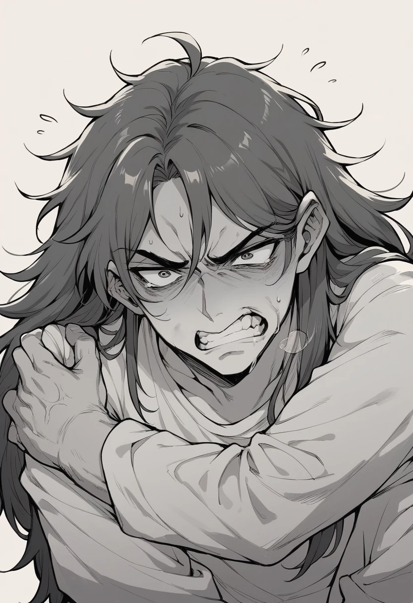 I want a drawing, drawn in a manga style, showing a scene where a man is hugging a woman with long hair, and the woman has a disgusted and disgusted face, and the man looks crazy.