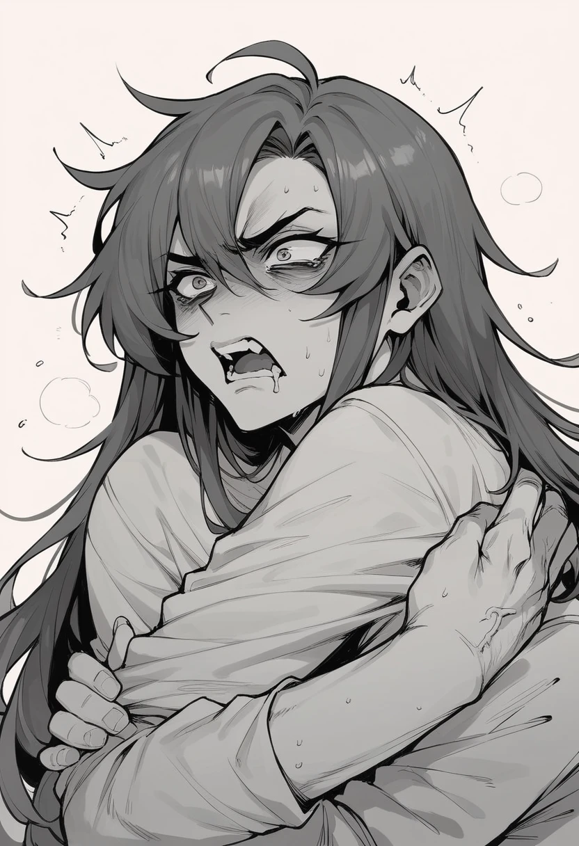 I want a drawing, drawn in a manga style, showing a scene where a man is hugging a woman with long hair, and the woman has a disgusted and disgusted face, and the man looks crazy.