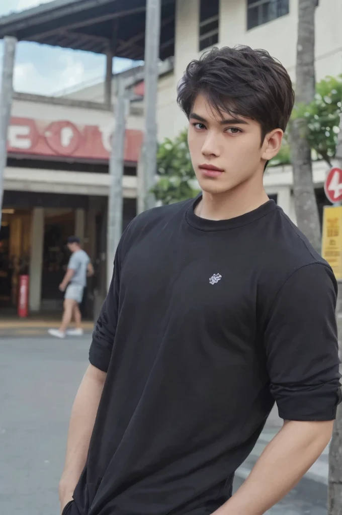 (masterpiece, top quality, best quality, official art, beautiful and aesthetic:1.2), boy, handsome, short hair, extreme detailed face, a handsome boy in casual clothes , highest detailed, (perfect face), shiny skin, HDR, extremely detailed surroundings, on the street entrance of the urban shoping in the Kuta Bali