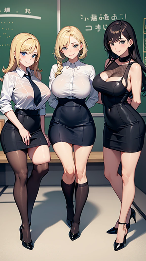 three sexy women in kindergarten teachers outfits, holding boy with blonde hair, all women look at boy, portrait