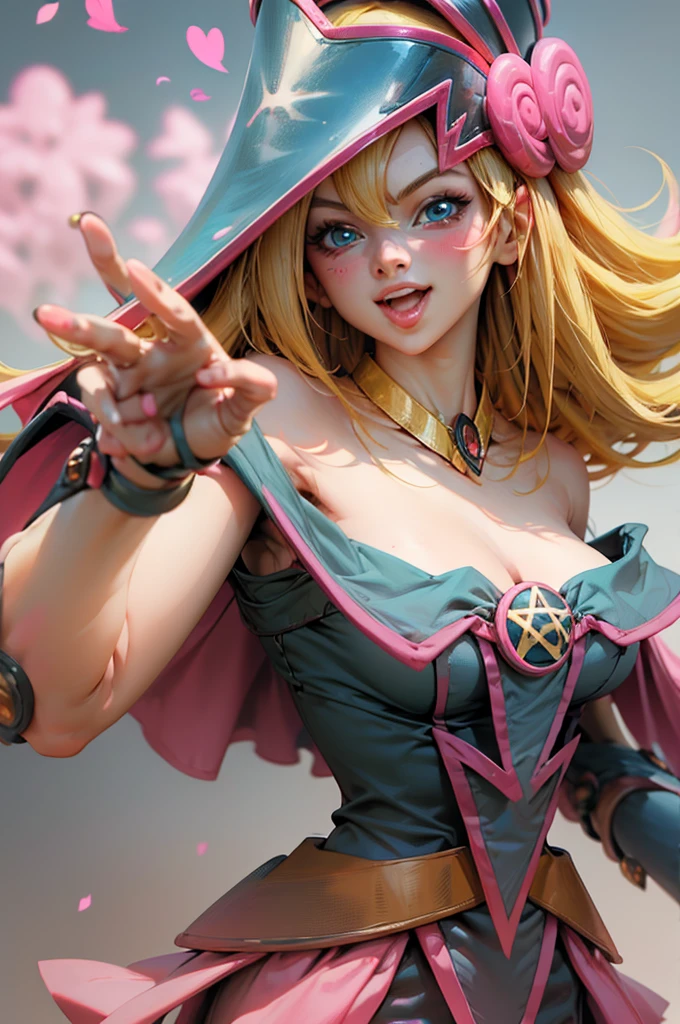 Create the beautiful face of dark magician gils. blue eyes. pink lips. white tea. blond hair. girl smile. Uncovered shoulders. Necklace on the neck. dark wizard gils face. His hands make the sign of peace and love. Peace and love in your hands. 