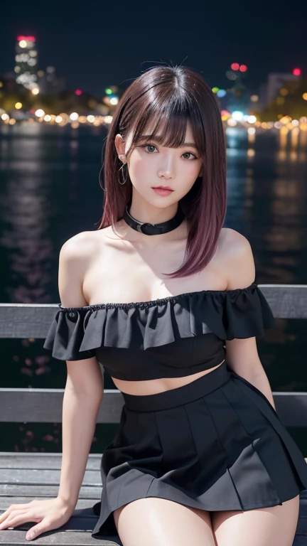 ((Highest quality)),((最high resolution)),((high resolution)),((detailed)),((High definition)),((8K)),((Perfect body)),((Perfect Face)),((Realistic)),((Real)),((Realistic)),((Beauty)),Korean、Stylish cityscape、Outdoor、City、Night view、Black Hair、((Only the tips of the hair are pink))、(big breasts:1.1)、Straight long hair、Very dense makeup、((Bangs cut in a straight line))、Black Mini Skirt、Black ruffled off-the-shoulder top、Exposed Skin、Place your arms behind your back to support your body、Slanted Eyes、White Skirt、Sit on a bench、Crossing your legs