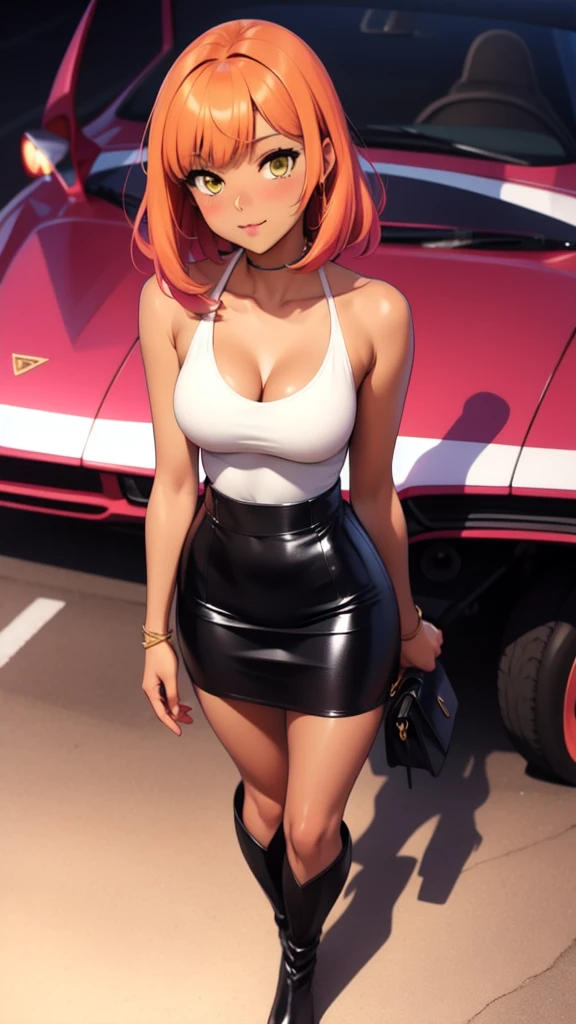 anime artwork  adult beautiful woman, ((solo)), high quality, best quality, highres, high detail, from above,afterglow,  dr34m, dark skin, bangs, Halter neck top, sequined, tight leather mini skirt, knee-high boots ((art by CLAMP)), cel shading, line art . anime style, key visual, vibrant, studio anime,  highly detailed, full body photo