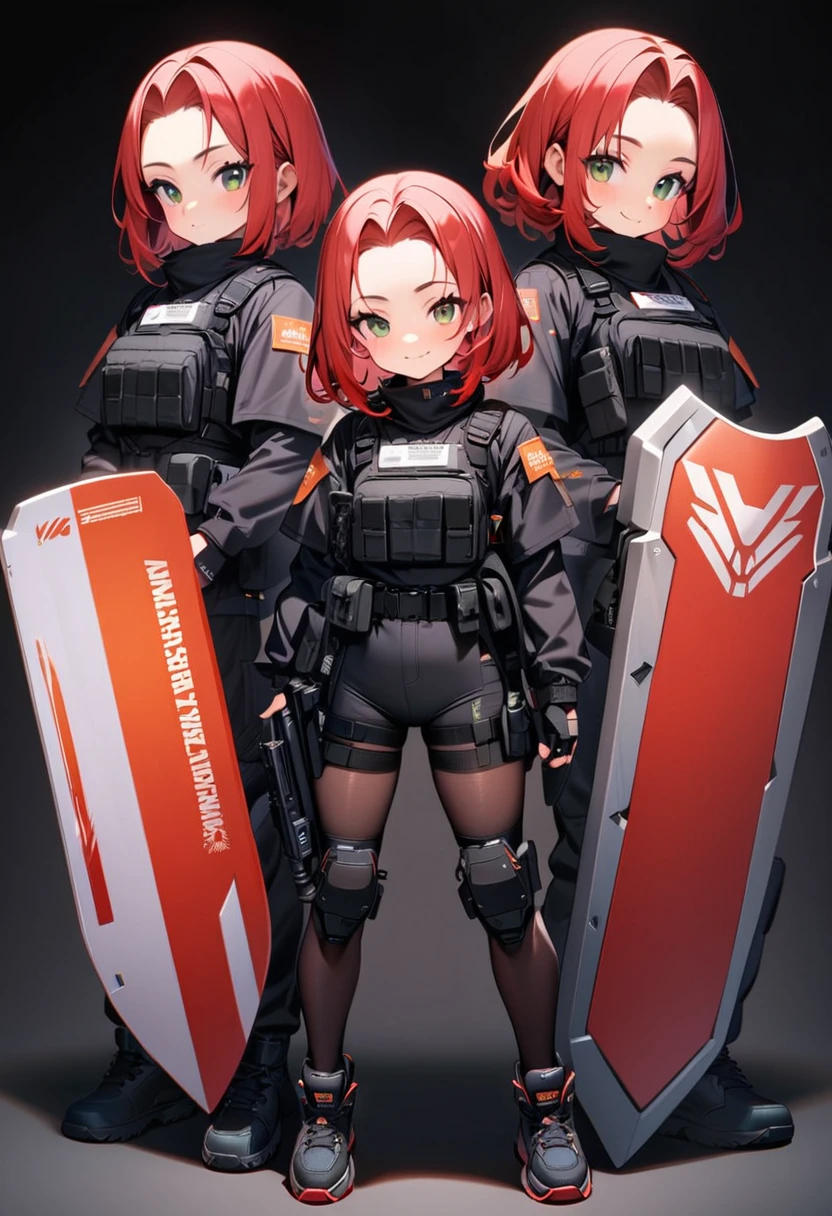 masterpiece, high quality,1 girl, full body, standing, security guard, Special Assault Team, special forces, ((holding large shield)), black wear, modern, cute, smiling, bright, holding gun, forehead, red hair, medium hair, innocent, cute, ((black background)),Aurora Arknights