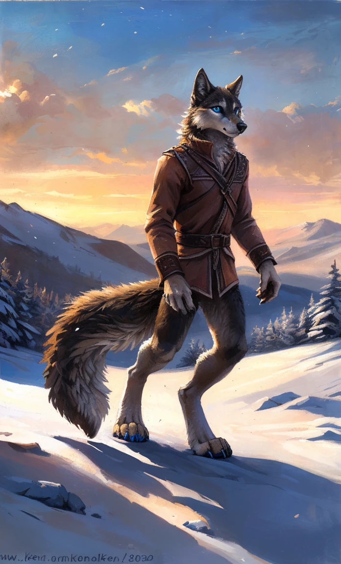 ((Solo)), male people, anthro wolf, (Multi-colored fur, White-brown:1.3,White tail pointed), (Height 2.1m,Tail length 1.2m), ((Wolf face, Big eyes, White eyelids, Blue pupil, Slim:1.2) (Tough, Calm expression:1.2)), Slim, pinging)), (Correct anatomy), (Winter clothing:1.1), The upper body , (detailed outfits),A long big tail,Feet,(Realistic fur, Detailed fur texture, labeled:1.3)), (Natural lighting), Photorealistic, Hyperrealistic, ultradetailed, by Kenket,Snowfield,erectugh,Running on