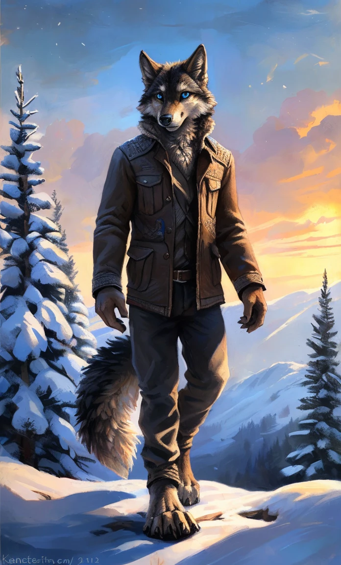 ((Solo)), male people, anthro wolf, (Multi-colored fur, White-brown:1.3,White tail pointed), (Height 2.1m,Tail length 1.2m), ((Wolf face, Big eyes, White eyelids, Blue pupil, Slim:1.2) (Tough, Calm expression:1.2)), Slim, pinging)), (Correct anatomy), (Winter clothing:1.1), The upper body naked, (detailed outfits),A long big tail,Feet,(Realistic fur, Detailed fur texture, labeled:1.3)), (Natural lighting), Photorealistic, Hyperrealistic, ultradetailed, by Kenket,Snowfield,erect through,Running on
