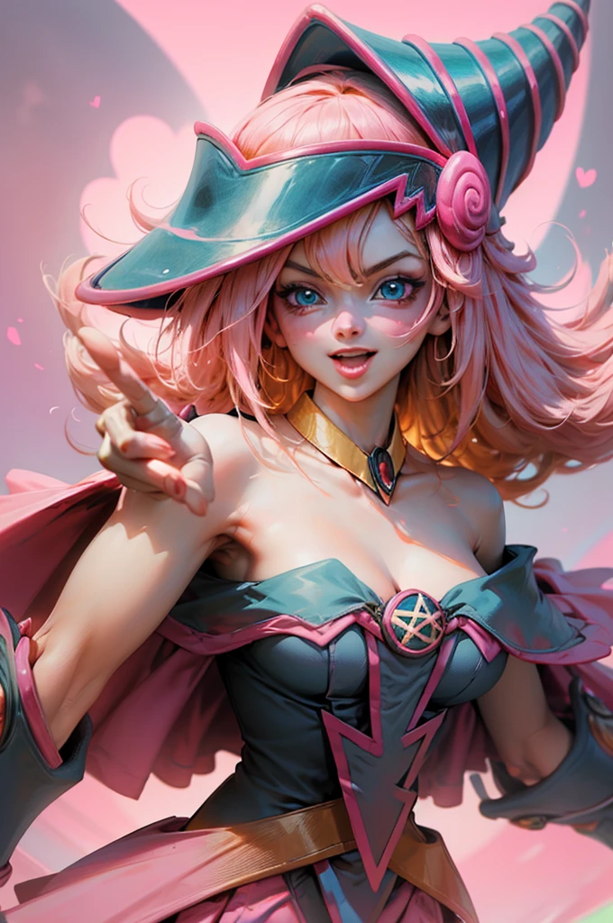 Create the beautiful face of dark magician gils. blue eyes. pink lips. white tea. blond hair. girl smile. Uncovered shoulders. Necklace on the neck. dark wizard gils face. His hands make the sign of peace and love. Peace and love in your hands.