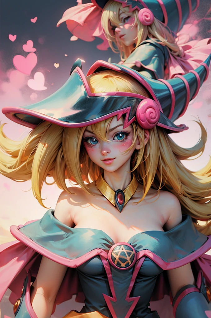 Create the beautiful face of dark magician gils. blue eyes. pink lips. white tea. blond hair. girl smile. Uncovered shoulders. Necklace on the neck. dark wizard gils face. His hands make the sign of peace and love. Peace and love in your hands.