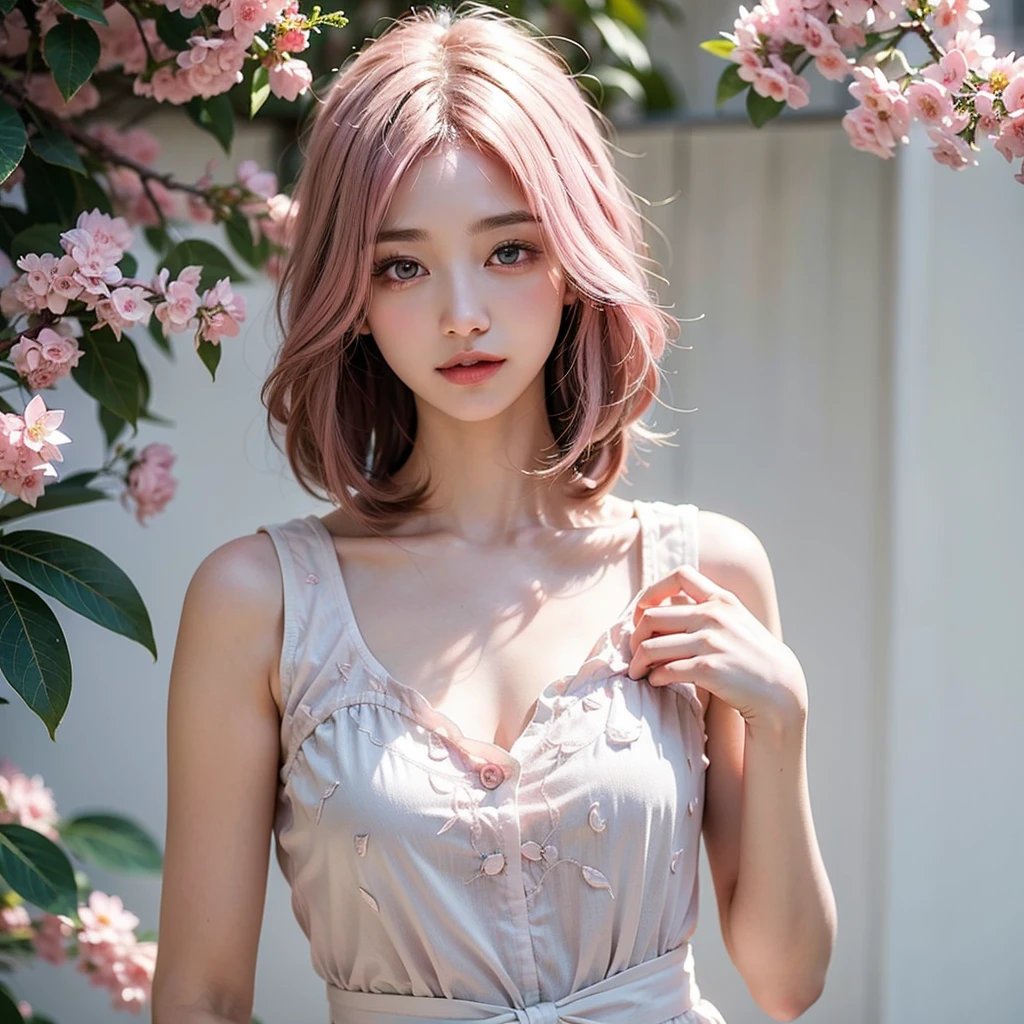 alone,Japanese,Bob Hair,Light pink hair, Pink Eyes, Pink and white, Cherry leaves, Vibrant colors, White Dress, Paint splashes, Simple Background, Ray Tracing