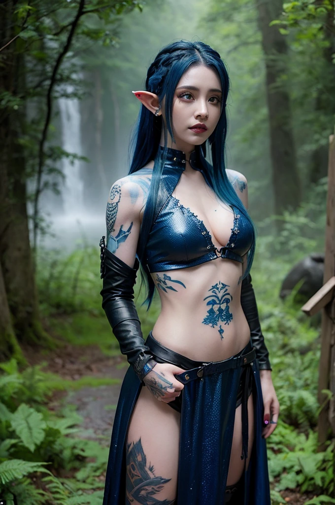 A blue haired female elf with tattoos and piercings standing in the rain, Fantasy, fantasy character portrait in the style of concept art., fantasy concept art created in the style of unreal engine., standing in the rain and mist of an ancient forest. She has dark tattoos on her arms and chest. The scene is in the style of concept art., wearing fantasy tribal