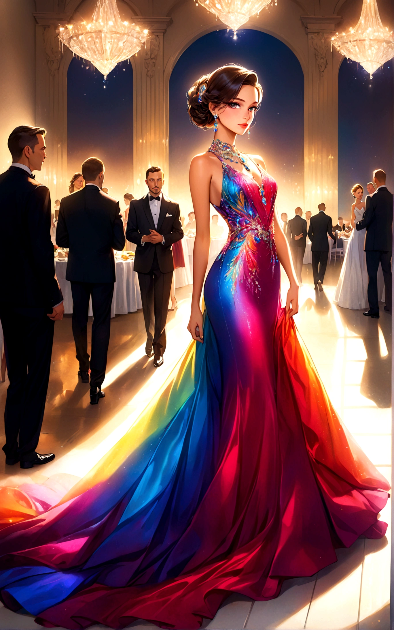 An elegant woman in a glamorous evening gown with a floor-length train, adorned with exquisite jewelry, wearing elaborate makeup, attending a high-end banquet. The setting is illuminated with radiant lights, creating a dazzling interplay of light and shadow. Medium: portrait painting, HDR, ultra-detailed, realistic. Art style: portraits. Color palette: vibrant colors, jewel tones. Lighting: sophisticated lighting design.