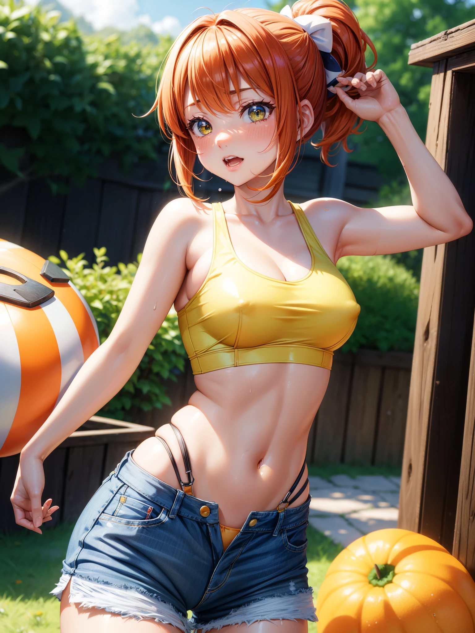 、{{{Kasumi(Pokémon)}}}、masterpiece、Denim shorts、short hair、Orange Hair、Yellow Shirt、Red suspenders、Green Eyes、Side Pony、Belly button、Skin Dentition、Puffy nipples、Cameltoe、((Shiny skin))、Drops of sweat、Underbust、Gravure pose