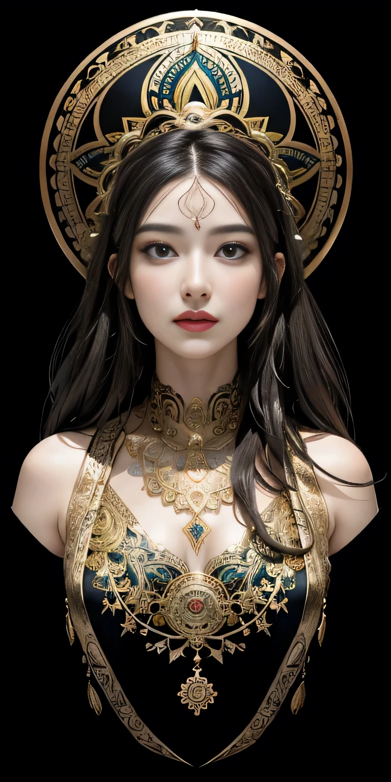 (masterpiece, Highest quality, Highest quality, Official Art, beautiful and aesthetic:1.2), (One girl), Very detailed,colorful,Most detailed, Official Art, unity 8k wallpaper, Super detailed, beautiful and aesthetic, beautiful, masterpiece, Highest quality, (zenTangle, Mandala, Tangle, enTangle) ,Holy Light,Gold foil,Gold leaf art,Sparkly Painting, Perfect NwsjMajic