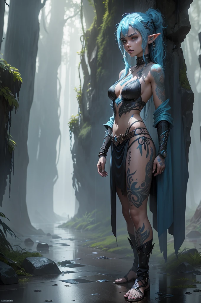 A blue haired female elf with tattoos and piercings standing in the rain, Fantasy, fantasy character portrait in the style of concept art., fantasy concept art created in the style of unreal engine., standing in the rain and mist of an ancient forest. She has dark tattoos on her arms and chest. The scene is in the style of concept art., wearing fantasy tribal