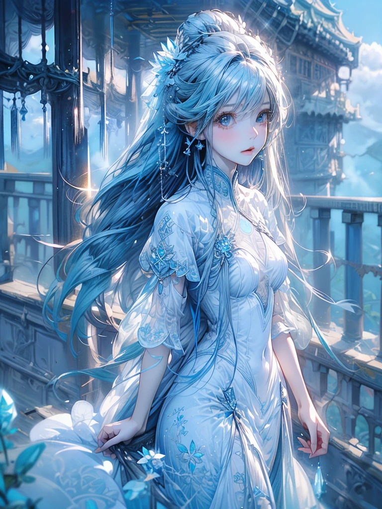 One beautiful woman、Long Field Angle、Highest quality、Super detailed、masterpiece、Transparent light blue hair、Crystal-like hair、Blue eyes that shine like jewels、Flowing hair、Sky、Standing on a steep cliff、Above the Clouds、Spectacular viewysterious