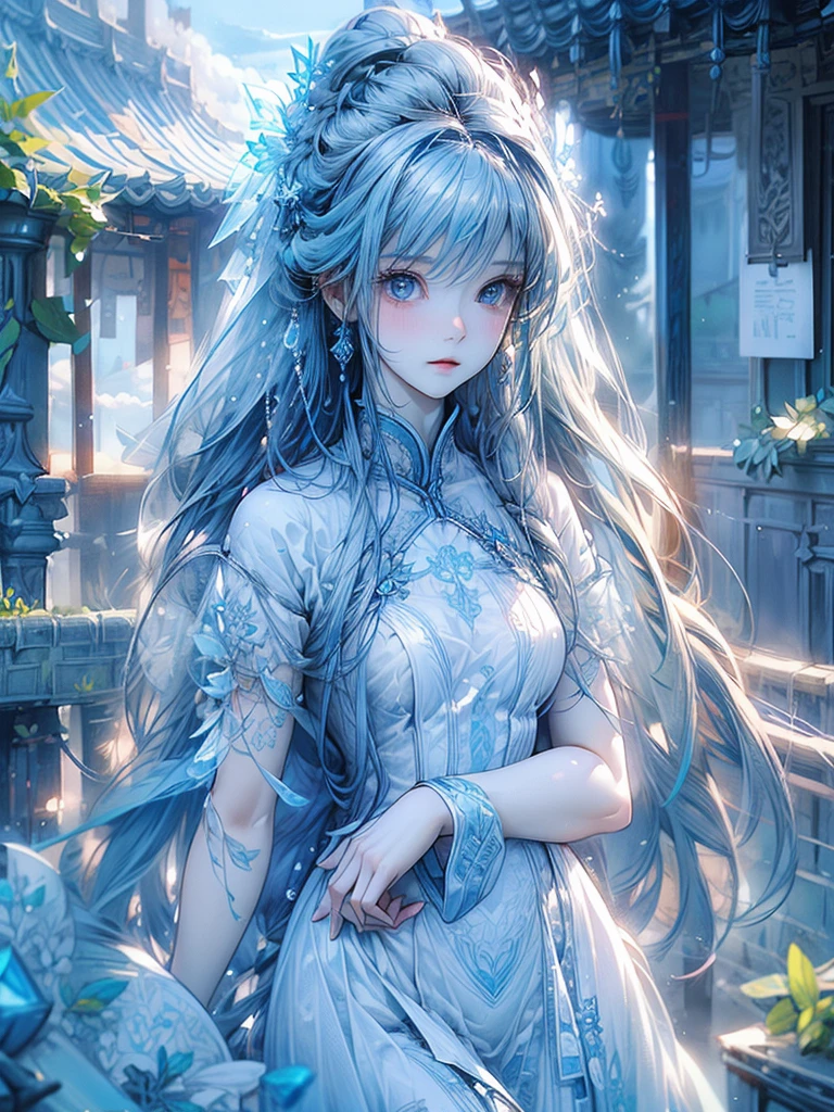 One beautiful woman、Long Field Angle、Highest quality、Super detailed、masterpiece、Transparent light blue hair、Crystal-like hair、Blue eyes that shine like jewels、Flowing hair、Sky、Standing on a steep cliff、Above the Clouds、Spectacular viewysterious
