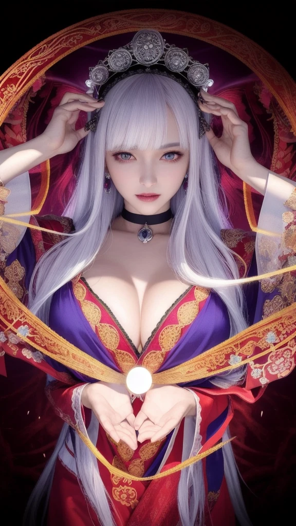 (masterpiece, top quality, 1 female, solo, exquisite detail, chromatic aberration), (realistic), (skin), ((breathing)), (silver hair, blunt bangs, cropped straight long hair, cropped bangs, silver hair), beautiful hair, red headdress, blue highlights, hair over one eye, purple eyes, full lips, earrings, piercing eyes, ((pink and white kimono)), ((symmetrical eyes)), ((perfectly symmetrical body)), ((perfectly symmetrical hands)), (purerosface_v1:0.3), night, (((self, natural light))), backlit, dim lighting, facing viewer, ((central shot, from the front, (face and waist))), mysterious atmosphere, fortune teller in kimono, beautiful fortune teller, fortune teller, dark Fantasy female fortune teller, female fortune teller, fantasy photography, magician, witch fairy tale, Japanese style, elegant cinematic fantasy art, fantasy woman, magician portrait, casting spells, fortune teller, not very sexy kimono, A powerful wizard stands in a mysterious forest. With fluttering robes adorned with symbols, outstretched arms, eyes glowing with mystical energy, spells leaking from his mouth, vivid, swirling patterns of dark magic appear in the air, pulsating with hues of red and blue. Magic permeates, flowers bloom, divine, creatures gaze in awe. Threads of magical energy dance, revealing hidden realms and unravelling secrets. Capture the essence of this enchanting moment and bring to life the mysterious power of dark magic on a canvas of the highest quality and finest detail. Highest Quality, Masterpiece, Ultra High Resolution, (Photorealistic: 1.4), RAW Photo, Sharp Focus, High Resolution, Detailed Skin,.