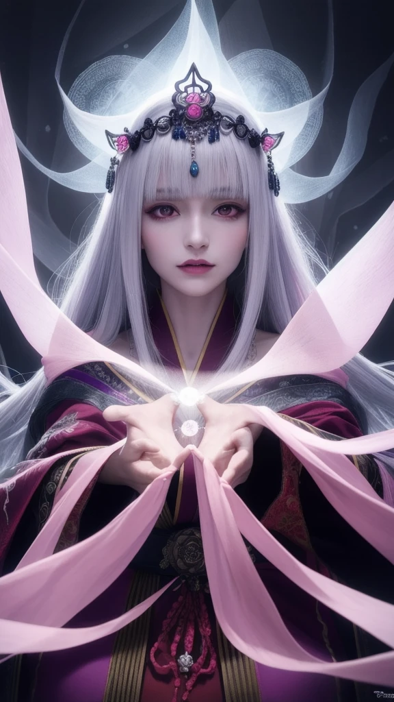 (masterpiece, top quality, 1 female, solo, exquisite detail, chromatic aberration), (realistic), (skin), ((breathing)), (silver hair, blunt bangs, cropped straight long hair, cropped bangs, silver hair), beautiful hair, red headdress, blue highlights, hair over one eye, purple eyes, full lips, earrings, piercing eyes, ((pink and white kimono)), ((symmetrical eyes)), ((perfectly symmetrical body)), ((perfectly symmetrical hands)), (purerosface_v1:0.3), night, (((self, natural light))), backlit, dim lighting, facing viewer, ((central shot, from the front, (face and waist))), mysterious atmosphere, fortune teller in kimono, beautiful fortune teller, fortune teller, dark Fantasy female fortune teller, female fortune teller, fantasy photography, magician, witch fairy tale, Japanese style, elegant cinematic fantasy art, fantasy woman, magician portrait, casting spells, fortune teller, not very sexy kimono, A powerful wizard stands in a mysterious forest. With fluttering robes adorned with symbols, outstretched arms, eyes glowing with mystical energy, spells leaking from his mouth, vivid, swirling patterns of dark magic appear in the air, pulsating with hues of red and blue. Magic permeates, flowers bloom, divine, creatures gaze in awe. Threads of magical energy dance, revealing hidden realms and unravelling secrets. Capture the essence of this enchanting moment and bring to life the mysterious power of dark magic on a canvas of the highest quality and finest detail. Highest Quality, Masterpiece, Ultra High Resolution, (Photorealistic: 1.4), RAW Photo, Sharp Focus, High Resolution, Detailed Skin,.