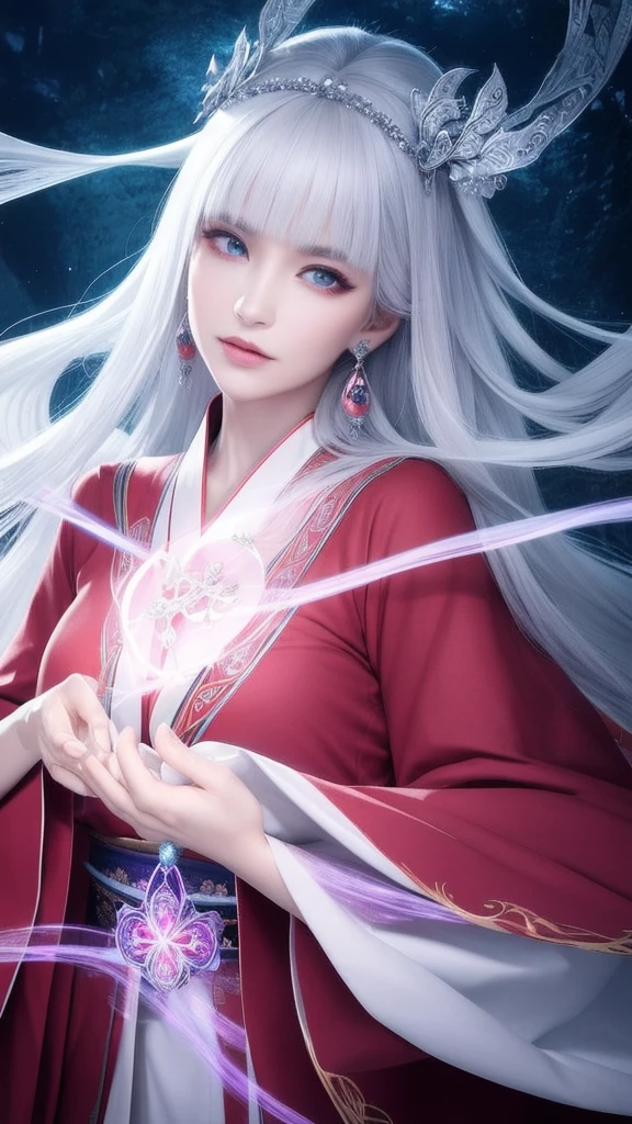 (masterpiece, top quality, 1 female, solo, exquisite detail, chromatic aberration), (realistic), (skin), ((breathing)), (silver hair, blunt bangs, cropped straight long hair, cropped bangs, silver hair), beautiful hair, red headdress, blue highlights, hair over one eye, purple eyes, full lips, earrings, piercing eyes, ((pink and white kimono)), ((symmetrical eyes)), ((perfectly symmetrical body)), ((perfectly symmetrical hands)), (purerosface_v1:0.3), night, (((self, natural light))), backlit, dim lighting, facing viewer, ((central shot, from the front, (face and waist))), mysterious atmosphere, fortune teller in kimono, beautiful fortune teller, fortune teller, dark Fantasy female fortune teller, female fortune teller, fantasy photography, magician, witch fairy tale, Japanese style, elegant cinematic fantasy art, fantasy woman, magician portrait, casting spells, fortune teller, not very sexy kimono, A powerful wizard stands in a mysterious forest. With fluttering robes adorned with symbols, outstretched arms, eyes glowing with mystical energy, spells leaking from his mouth, vivid, swirling patterns of dark magic appear in the air, pulsating with hues of red and blue. Magic permeates, flowers bloom, divine, creatures gaze in awe. Threads of magical energy dance, revealing hidden realms and unravelling secrets. Capture the essence of this enchanting moment and bring to life the mysterious power of dark magic on a canvas of the highest quality and finest detail. Highest Quality, Masterpiece, Ultra High Resolution, (Photorealistic: 1.4), RAW Photo, Sharp Focus, High Resolution, Detailed Skin,.