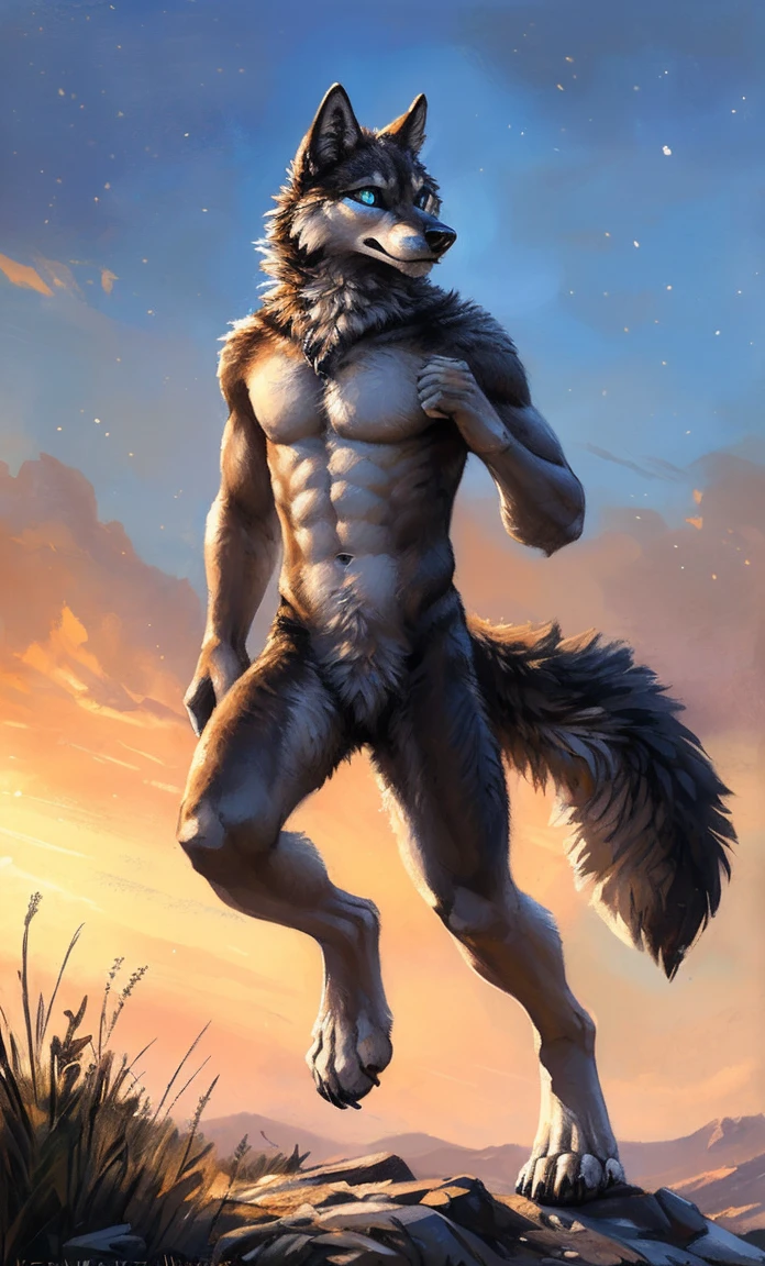 ((Solo)), male people, anthro wolf, (Multi-colored fur, White-brown:1.3,White tail pointed), (Height 2.1m,Tail length 1.5m), ((Wolf face, Big eyes, White eyelids, Blue pupil, Slim:1.2) (Tough, Calm expression:1.2)), Abs, Slim, pinging)), (Correct anatomy), Naked all over the body,A long big tail,Feet,(Realistic fur, Detailed fur texture, labeled:1.3)), (Natural lighting), Photorealistic, Hyperrealistic, ultradetailed, by Kenket,Snowfield,No artifacts, Running on