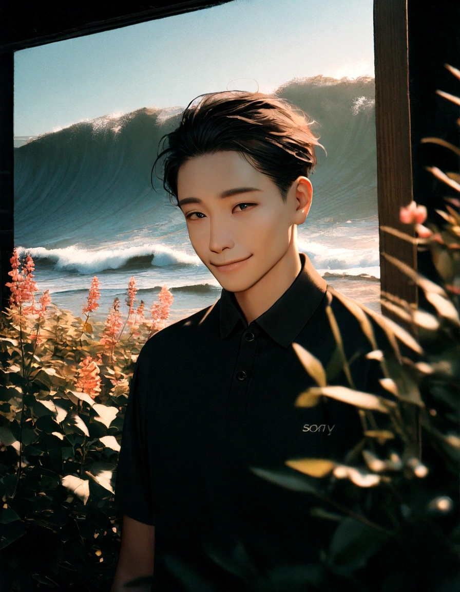 cinematic photo . 35mm photograph, film, bokeh, professional, 4k, highly detailed,A man standing in front of some flowering plants, polo shirt, dark suit, country, contemporary realism portrait photography, genderless, Sony Alpha a7 iii, waves, folk portrait, Asian man, shy, smile,medium shot
