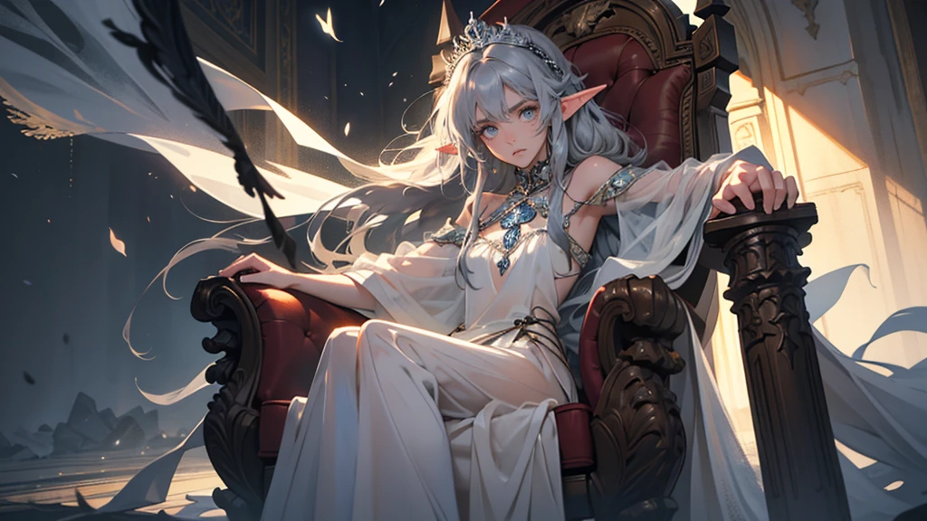 masterpiece, ultra detailed, 8K Portrait, Raw photo, a portrait photo of girl, Highly detailed face, beautiful and meticulous eyes, ((Fantasy)), (elf:1.0), 1woman, 40 year old, gray long hair, brown eyes, (melancholy expression:1.2), tiara, skinny, (ultra thin see-through dark blue silk cloth), hooded long white coat Fluttering in the wind, ((bare foots)), Midday Sun, Hyper realistic, out of medieval castle in the sky, sitting on the throne, Ambient lighting, Shadow details , strong breeze, Light fog