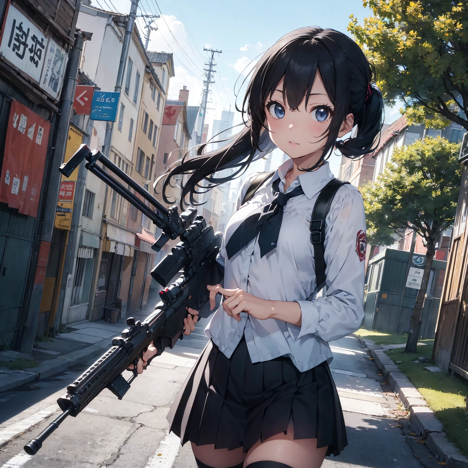 masterpiece, Highest quality, Lens flare, Depth of written boundary, (close: 1.3), (Wide Shot, Fisheye Lens: 0.85), Face Focus, Hatsune Miku, Small faces scattered, Detail of bloodstained lips, Open neck blouse, Pleated skirt, (Have a weapon, Hold the rifle, aim, aim:1.2), gun, H&Ｋhk416, carbine, fire, Firing, sunny, blue sky, battlefield, road signs, Skyscraper,