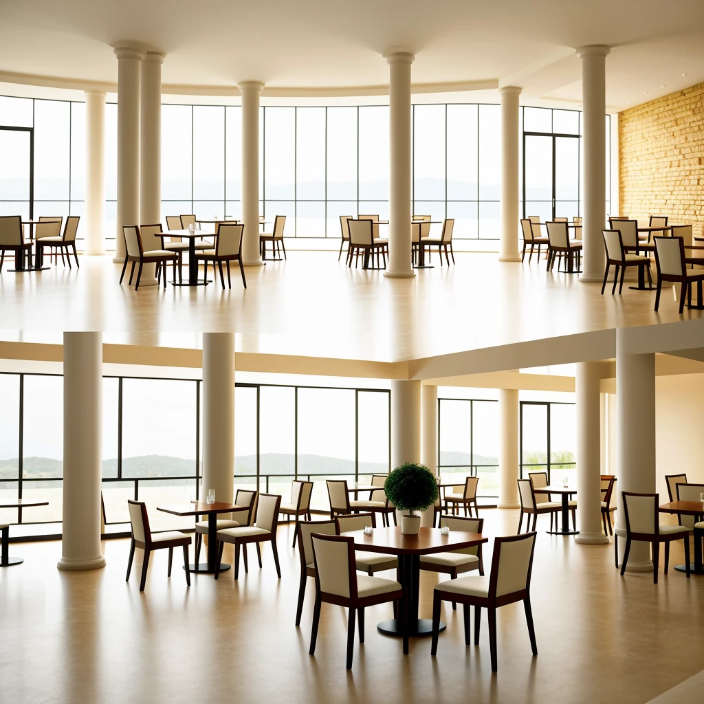 Interior for a restaurant with three columns in the center, couple of tables with soft chairs in light colors in 3D graphics