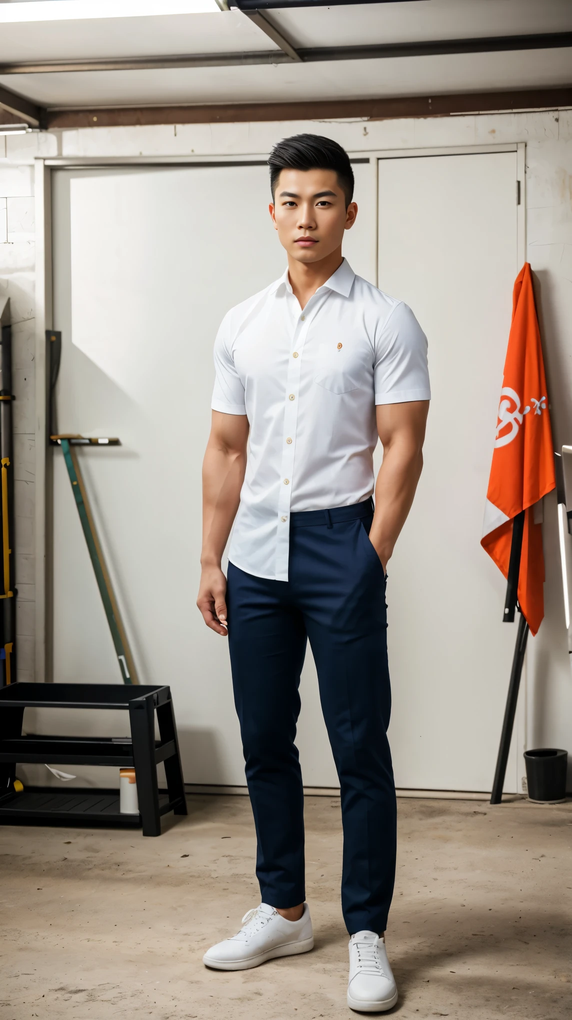 RAW, Best quality, high resolution, (masterpiece: 1.3), full body image, muscular asian young man in shirt, pants, shoes, Masterpiece, young man face, cute man face, cleanshaven, bright skin, rough skin, fierce eyes, soft smile, standing straight in a garage, masculine pose, strong expression, facing straight to camera, at noon, Great lighting, great sunlight, Bright colors, Ultra realistic clean lines, very realistic