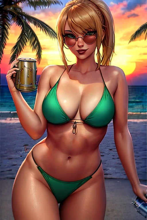 sciamano240, 1girl, solo, 36-years-old, tan olive skin, short blonde hair, pony tail style, emerald eyes, eyeshadow, mascara, red lipstick, puckered lips, ((Wearing a flossing green bikini and sunglasses)), she’s looking at the camera with a calm smile, walking, ((holding a beer can in one hand)), beautiful beaches, palm trees, beach resort, beach vacation, summer getaway, relaxed atmosphere, cinematic lighting, sunset, detailed background, (masterpiece), (best quality), (ultra-detailed), (best illustration), (best shadow), (an extremely delicate and beautiful)