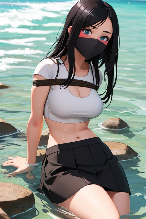 1 girl, detailed blue eyes, lange wimpern, detailed beautiful face, (Long black hair:1.4), (arms behind back:1.6), gefesselte Arme, Red rope, blushing, (Big boobs:1.2), (White crop top, black skirt:1.5), OTN, Gag, gagged, shibari, laying at a beach, liegend, nah aufnahmen, laying in water, full Body, under water