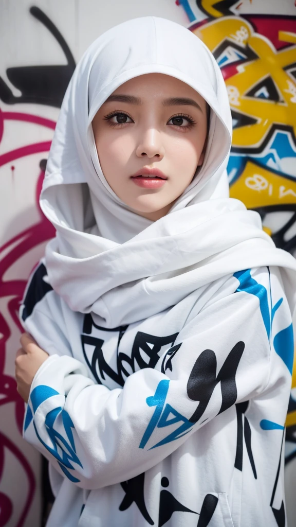 1girl, solo, pretty face, eyelashes, nose, glossy lips, (detailed eyes, looking at viewer, fair skin, white skin: 1.5), smooth skin, wearing hijab, 8k portrait of beauty in hijab, intricate, graceful, highly detailed, majestic, digital photography, hyper realistic, Masterpiece, Best Quality, All parts of the body except the face and hands are covered with clothing, Tudung, ((do not let the hair come out of the hijab)), full hijab, ((all parts of the body covered by clothes except the face)), Best Quality, (graffiti:1.5), paint splatter, jacket, On wall, paint can, looking at viewer, head slanted, clothing color (Wear a hooded military uniform), cyberpunk city