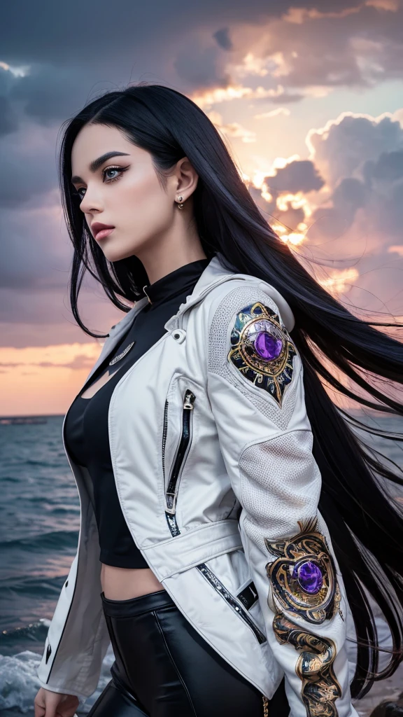 “Create an image of a stylish woman with long black hair in the style of JoJo’s Bizarre Adventure. She should have a dynamic pose and an intense expression. She should be wearing a detailed and fashionable outfit with intricate designs, including a white jacket with metallic accents and a mesh top underneath. The background should be a surreal, colorful seascape with dramatic clouds and a vibrant sky, reflecting the unique and dramatic style of JoJo’s Bizarre Adventure.”