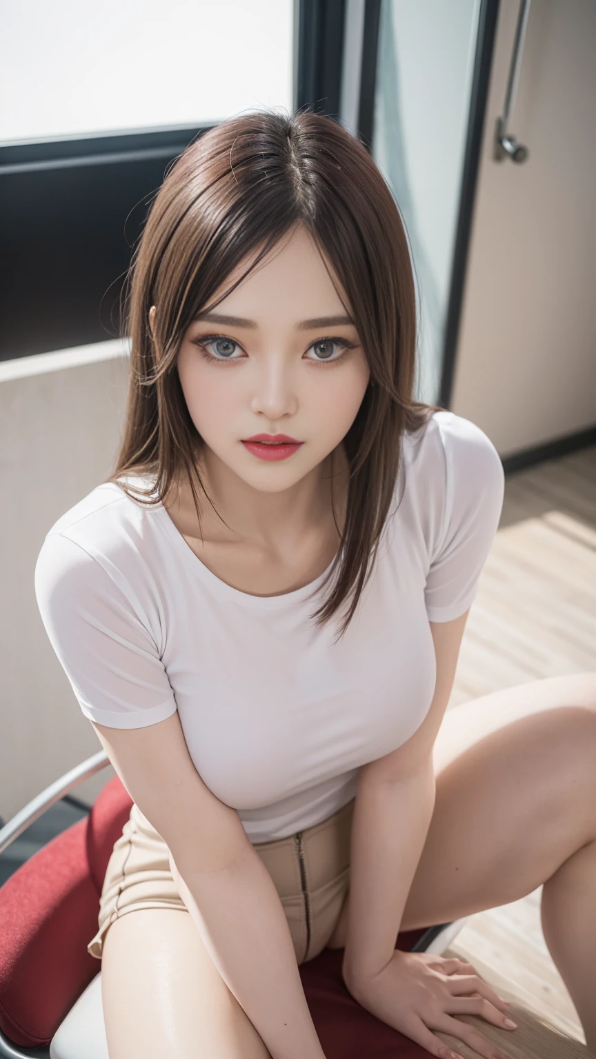 ((1 lady,Wearing pink t-shirts)), ((White tight skirt)), ((Sit and Open your legs wide on office chair:2, one knee up, show crotch front a window)), zoom camera in the crotch, angle from below), looking to the side, very smile, blushing, ((background new york cityscape)), distressed, reluctant, glare, (sexual arousal:1.5, ) , NSFW, 8k, RAW photo, masterpiece, absurdity, top quality, high resolution: 1.1, ultra-detail, hyper-realistic: 1.4, realistic, photorealistic: 1.3, cinema light, film grain, closeup, full body, depth of field, eye focus, young, 85mm lens, f/1.4, Professional lighting, portrait, photon mapping, radiocity, physically based rendering, transparency, soft light, realistic face, realistic body, realistic skin, clean: 1.8, Dark red hair, hairstyle to match the trend of Japan in 2023, Huge-breasted not closed: 1.2, blusher, good style, (very dark lip gloss, bright red lipstick, so many eyelashes, blue eyes, pitch black eyeshadow Huge-breasted detail hand), company, camel toe, long legs, PureErosFace_V1: 0.8, dynamic pose