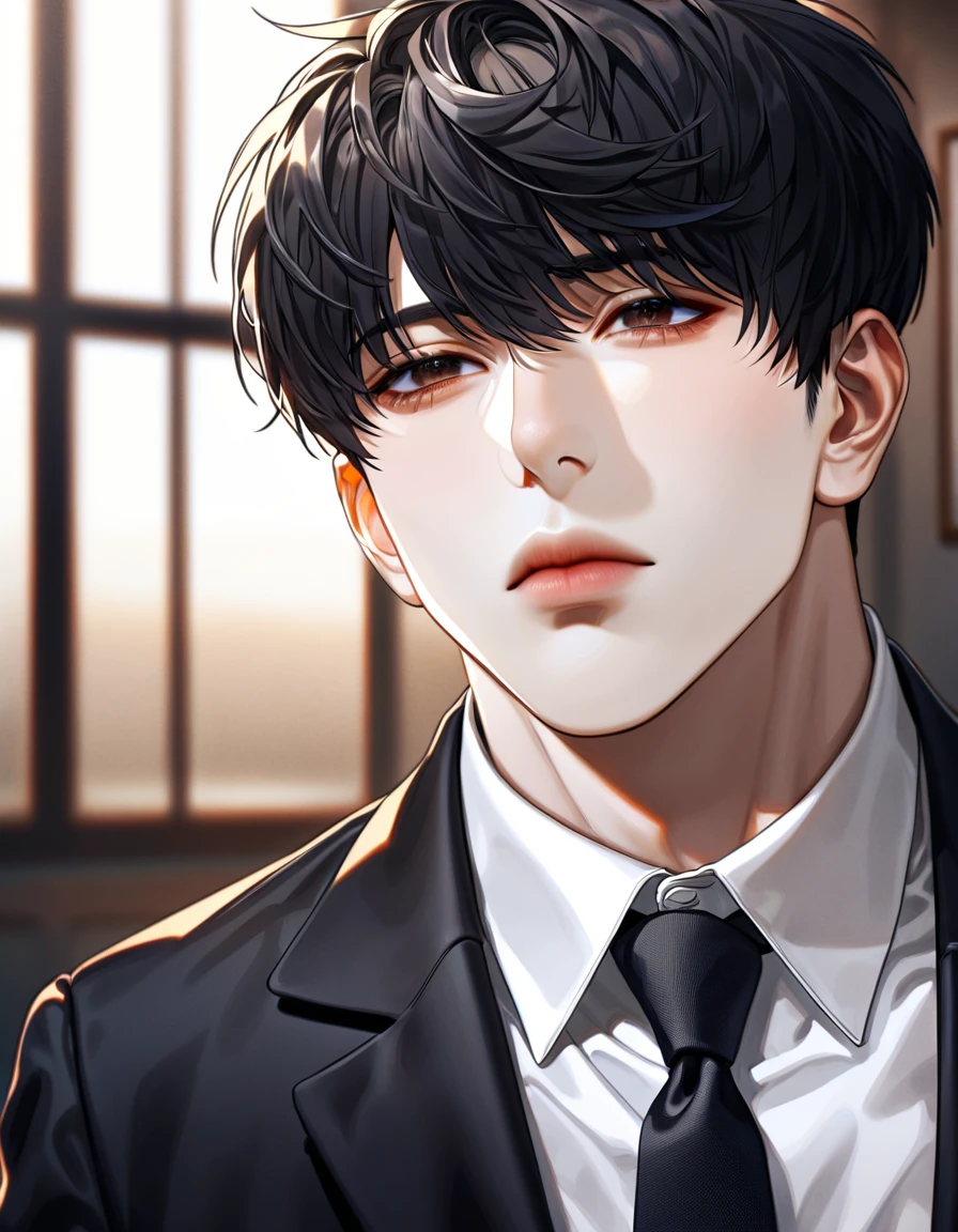absurdres, highres, ultra detailed, HDR, master piece, best quality, extremely detailed face, delicated features, Kim Dokja, black hair, expressive brown eyes, omniscient reader's viewpoint, black jacket, white shirt, black necktie, room, window