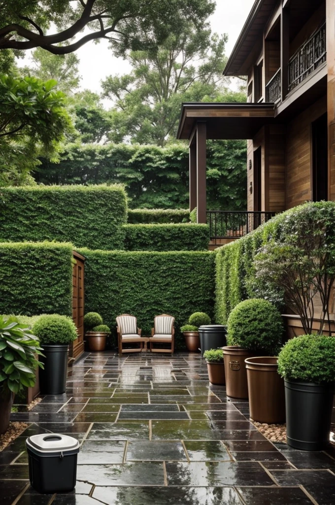 Luxurious mansion backyard with scattered trashcans while rain pours. 