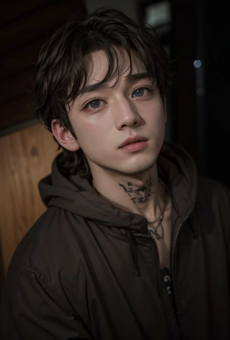 Bangchan man member of stray kids with amber eyes, and neck tattoos olhar masculino marcante