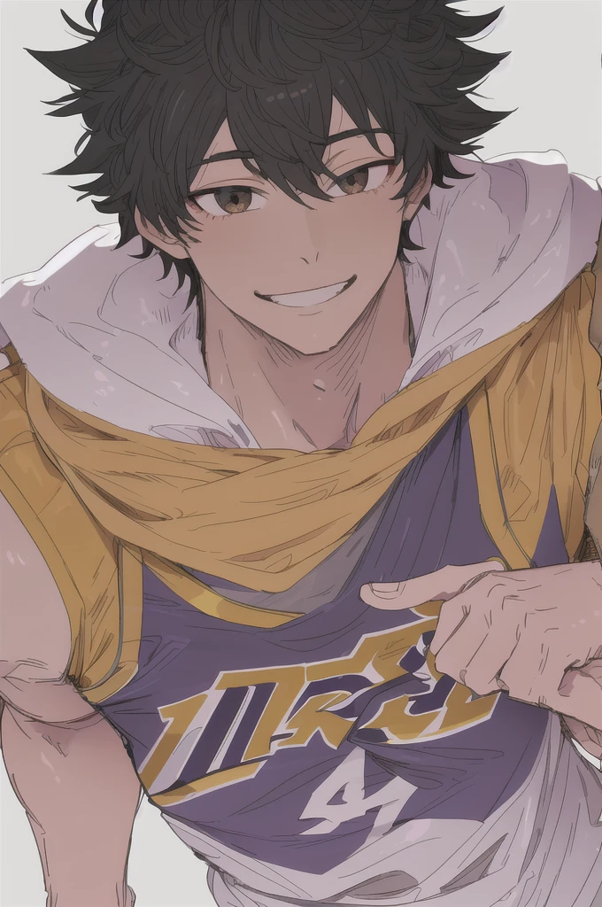 (best quality, masterpiece1.2), detailed, 1boy, solo, looking at viewer, simple background, upper body,
dynamic pose, smile, man basketball player uniform of the Los Angeles Lakers super detailed realistic, NBA, mature man, muscular man, male face1:1, smile, ((detailed eyes)), midoriya izuku, short curly strong black hair, brown eyes, white lightning,