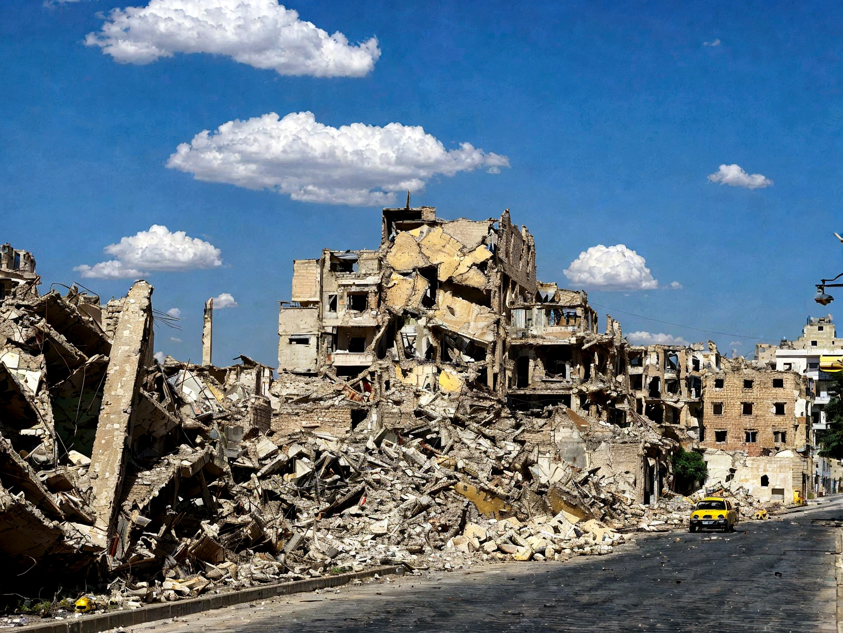 arafed building in the middle of a city with a yellow car driving down the road, destroyed buildings, ruined city in background, destroyed modern buildings, destroyed city in the background, outdoors ruined cityscape, ruined city in the background, collapsed buildings, damaged buildings, in a ruined cityscape, wrecked buildings, destroyed city, ruined cityscape, building destroyed, ruined town