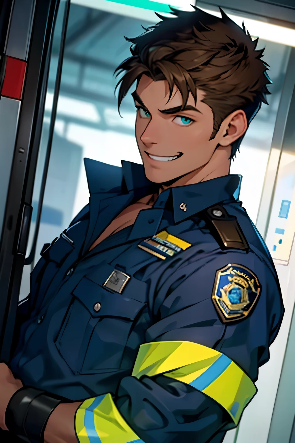 a handsome police officer, wearing blue, side view, stealing a glance, emerald eyes, short brown hair, happy expression, sexy pose, intricate details, wide grin