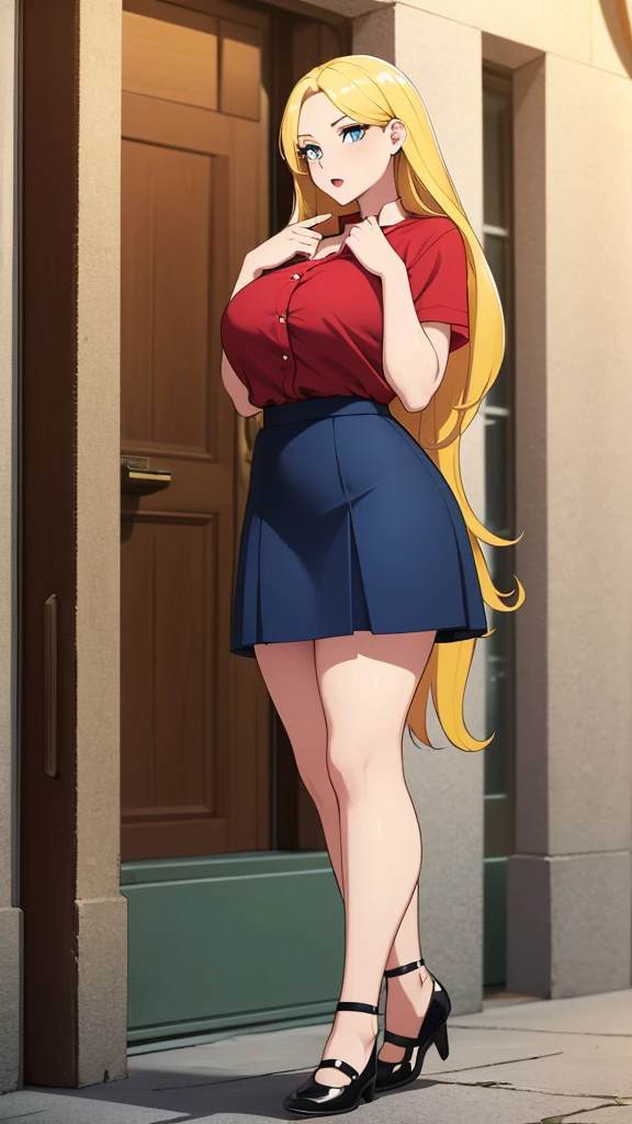 A girl Lara sexy cute beautiful big chest long yellow hair shine her brown eye red lip she wears a white long buttoned shirt and a long blue skirt black shoes 