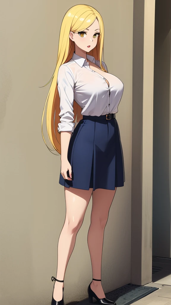 A girl Lara sexy cute beautiful big chest long yellow hair shine her brown eye red lip she wears a white long buttoned shirt and a long blue skirt black shoes