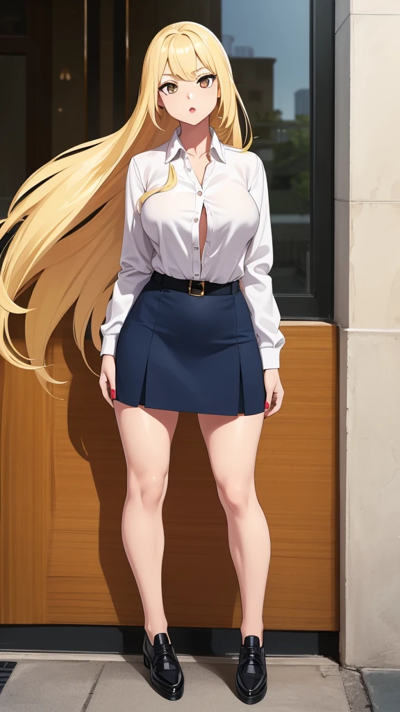 A girl Lara sexy cute beautiful big chest long yellow hair shine her brown eye red lip she wears a white long buttoned shirt and a long blue skirt black shoes
