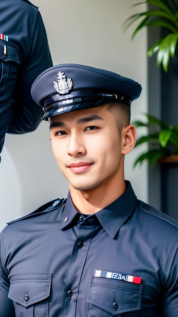 (Create a masterpiece: 1.2),(CGI art:1.3),(realistic:1.5),(After processing:1.3),(Sharp focus:1.3),10,1 man, smile, (Wear a navy blue police shirt.), Korean guy , korean men, (High gloss details), chest muscles, large arm muscles, blood vessel, Big muscles, Broad shoulders, looking at the audience, Balancing the eyes, desert